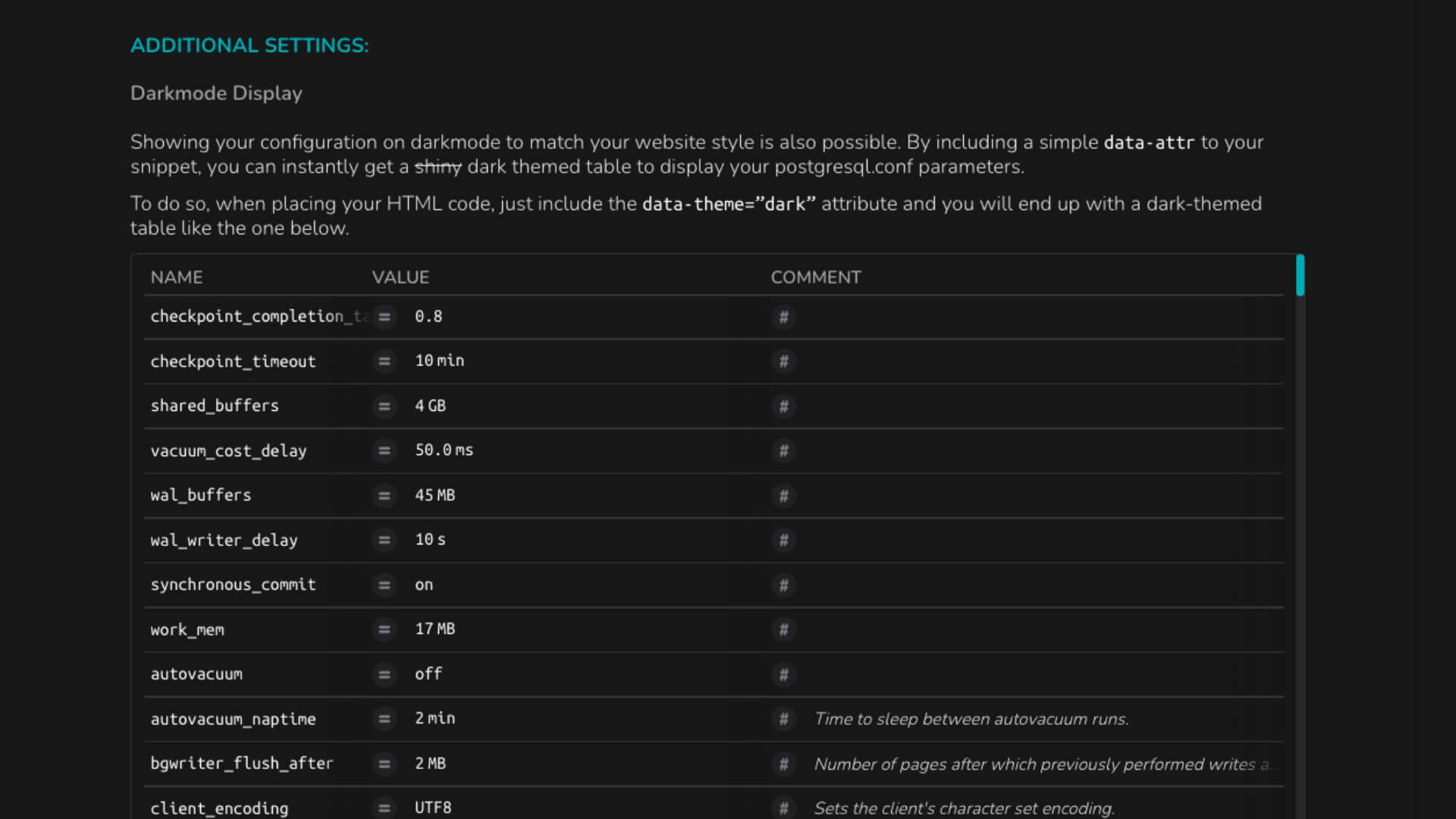 PostgresqlCO.NF Configuration Snippet