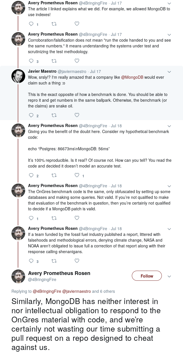 MongoDB Head of Engineering Comms in a Twitter thread about MongoDB’s response to OnGres benchmark